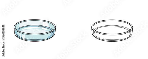 Empty Petri dish cartoon illustrations in colored and black outline styles for laboratory, biology, research, science experiments or analysis, isolated on white background