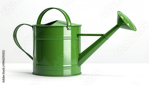Green watering can on white background for gardening and plant care.