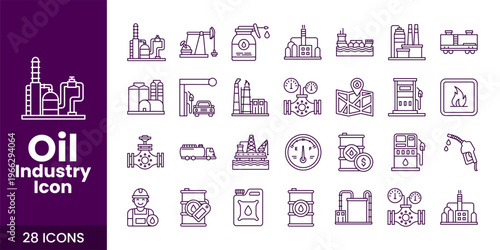 Oil and Gas Industry Icon Set with Fuel, Refinery, Pipeline, and Industrial Energy Vector Collection