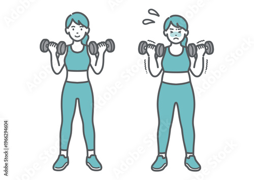 笑顔でダンベル運動をする理想体型の女性と苦戦するぽっちゃり体型の女性の比較セットイラスト