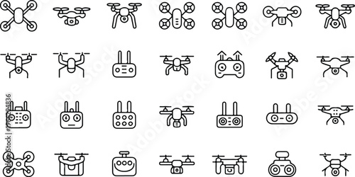 Drone and quadcopter outline icons set, unmanned aerial vehicle technology symbols.