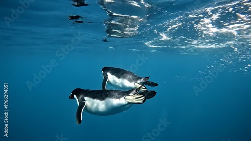 Penguins Swimming in Ocean Water.