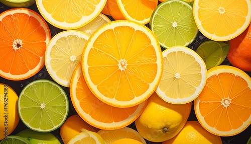 Colorful citrus slices arranged, a vibrant food photography composition, showcasing a variety of oranges, lemons, and limes