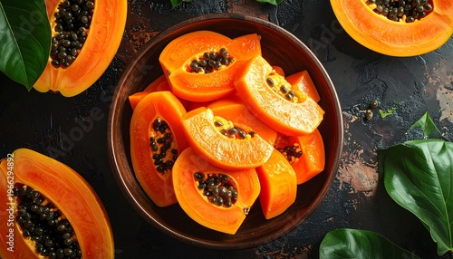 Slices of ripe papaya arranged in a wooden bowl, a tropical and healthy fruit