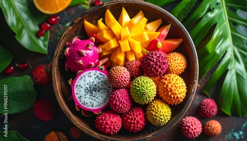 A vibrant and colorful arrangement of tropical fruits artfully displayed in a wooden bowl