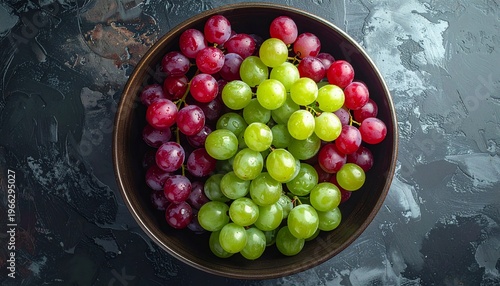 Fresh grapes of various colors arranged beautifully in a bowl. The grapes include green and red varieties, presented in an overhead shot