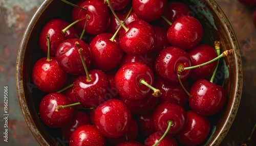 A close-up shot of a bowl brimming with fresh, ripe cherries, showcasing their vibrant color and succulent texture