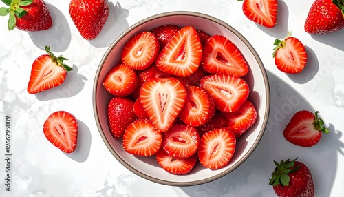 Freshly sliced strawberries in a ceramic bowl, capturing a burst of vibrant red hues