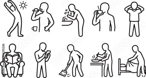 Daily Routine and Morning Habit Line Art Icons Set - People Doing Activities like Brushing Teeth, Cooking, Cleaning, and Reading.