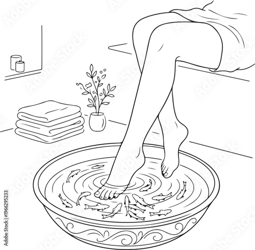 Fish Pedicure Spa Treatment Line Art Illustration for Coloring Book Page, Feet in Water with Garra Rufa Fish for Skin Care and Relaxation.