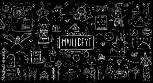 Whimsical hand-drawn black and white doodle art background featuring various monsters, creatures, houses, and playful abstract elements in a sketch style.