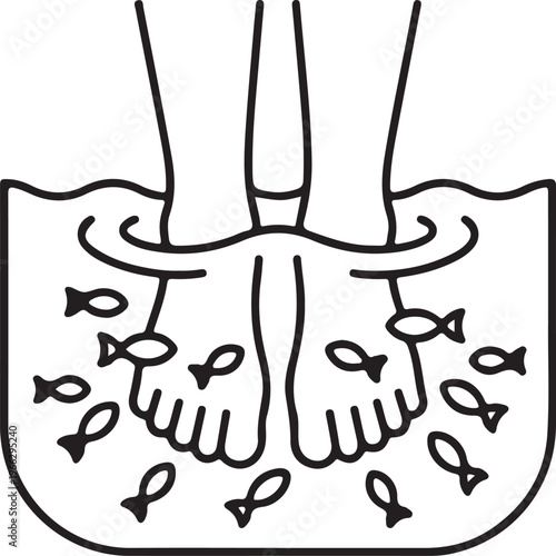Fish Spa Foot Treatment Illustration, Ichthyotherapy Pedicure with Garra Rufa Fish Nibbling Feet in Water Tub.