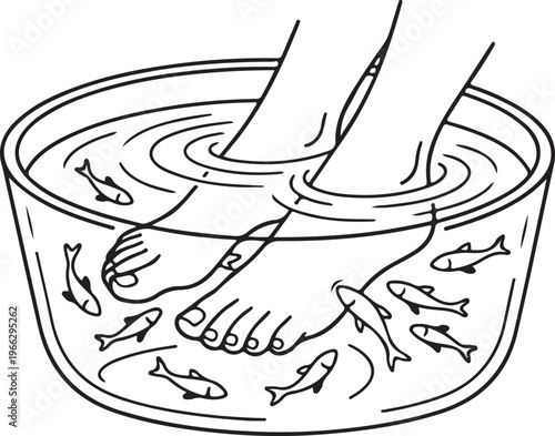 Fish Spa Pedicure Treatment Line Art Illustration, Feet in Water Bowl with Small Garra Rufa Fish for Natural Exfoliation and Wellness.