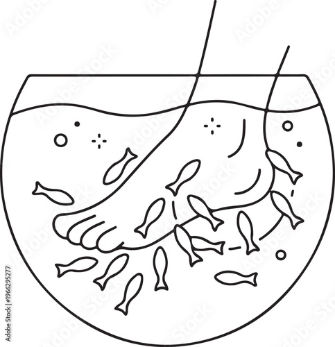 Fish Spa Treatment and Ichthyotherapy Line Art Icon. Vector Illustration of Human Foot in a Bowl with Garra Rufa Doctor Fish for Pedicure and Skin Care