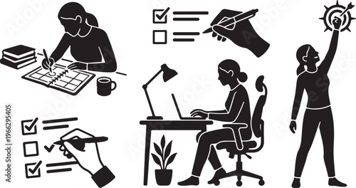 Productivity and time management icons set featuring silhouettes of women working, planning on a calendar, checking off checklists, and reaching goals