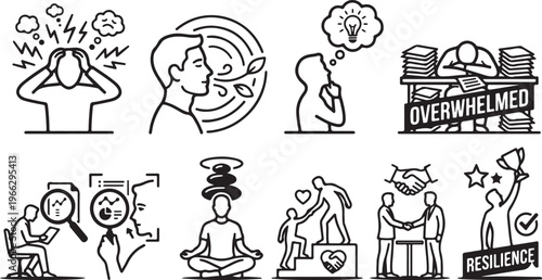 Resilience and Mental Health Icon Set for Emotional Intelligence, Stress Management, Mindfulness, and Personal Growth Concepts in Line Art Style.