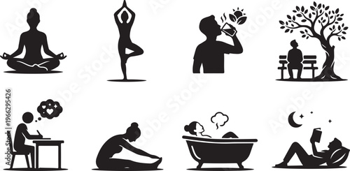 Self-care and Wellness Icon Set for Healthy Lifestyle, Mental Health, and Relaxation Silhouette Illustration of Yoga, Meditation, Journaling, Reading, and Bathing Activities