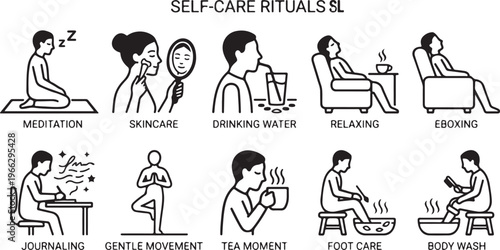 Self-Care Rituals and Wellness Icons Set Illustrating Meditation, Skincare, Journaling, Yoga, and Daily Healthy Habits for Mental Health and Relaxation.