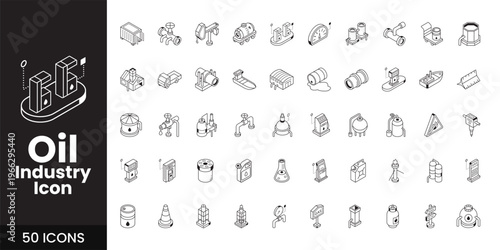 Oil and Gas Industry Icon Set with Fuel, Refinery, Pipeline, and Industrial Energy Vector Collection
