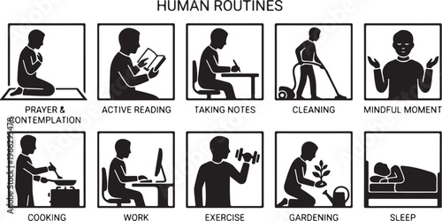 Set of Icons Representing Daily Human Routines and Lifestyle Habits, including Cooking, Working, Exercising, Reading, Gardening, and Sleeping - Vector Illustrations.