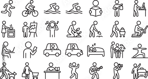 Set of linear icons illustrating daily routine, life activities, and hobbies such as exercising, working, shopping, gardening, and leisure time pictograms.
