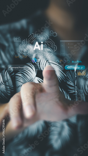 A person touches a virtual holographic interface showing an AI brain circuit, data charts, and a generate command prompt, illustrating futuristic technology.