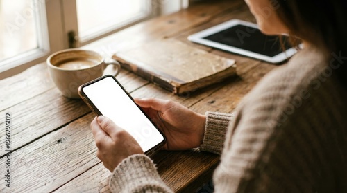 Smartphone mockup in hands, woman using mobile phone with blank screen, cozy cafe workspace