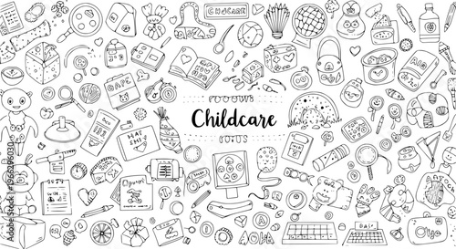 Hand Drawn Childcare Doodle Pattern with Kids Toys, Educational Items, and Learning Supplies on White Background, Black Line Art Sketch