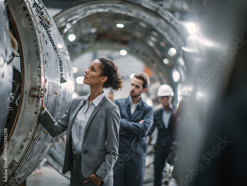 in formal attire inspecting aerospace 