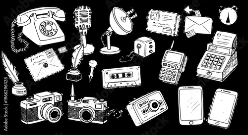 Hand-drawn white outline collection of communication, media, and office technology from vintage to modern: phones, cameras, mail, microphones, and digital devices on black background.