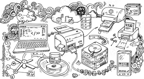 Tech Doodle: A Hand-Drawn Illustration of Modern Technology and Connectivity