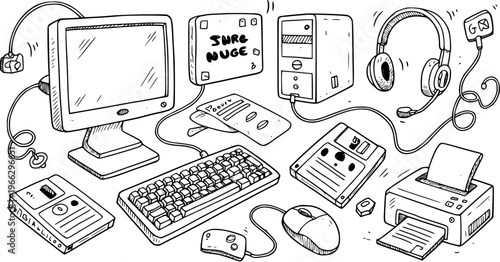 Detailed Hand-Drawn Sketch of Vintage and Modern Computer Hardware and Office Electronics Collection. Black and White Doodle Art of Monitor, Keyboard, Mouse, Printer, Headphones, and Floppy Disk.