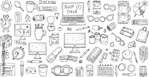 Hand-drawn doodle collection of everyday office supplies, technology gadgets, and various daily objects on a white background, perfect for business concepts.