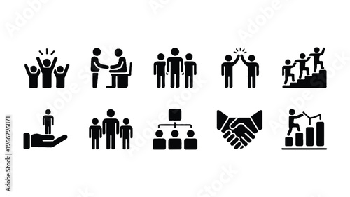 black and white business teamwork icons set for graphic design