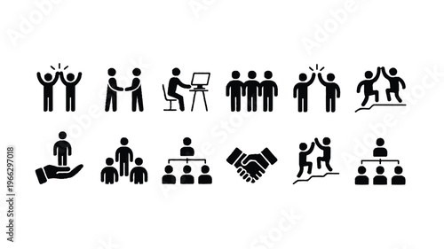 black silhouettes of people in various business and teamwork related poses and actions