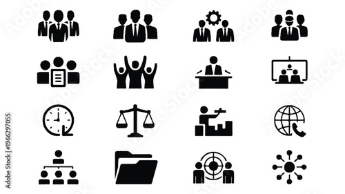 Black silhouettes of business and teamwork icons on white background