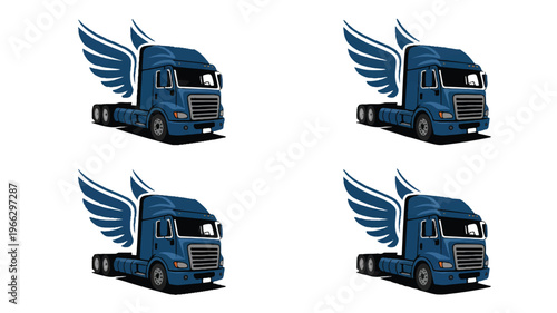 Blue semi truck with wings on side  transportation symbol