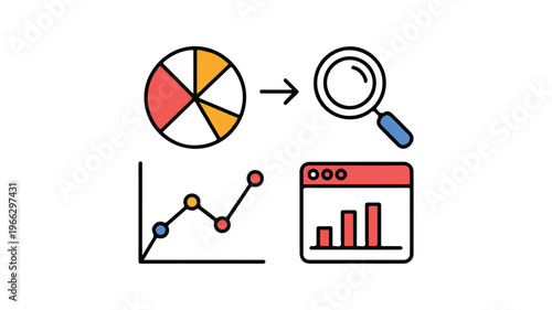 business analysis and data visualization with charts and graphs on white background