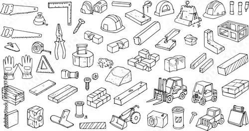A large collection of hand-drawn construction tools, building materials, safety equipment, and vehicles in outline doodle style.