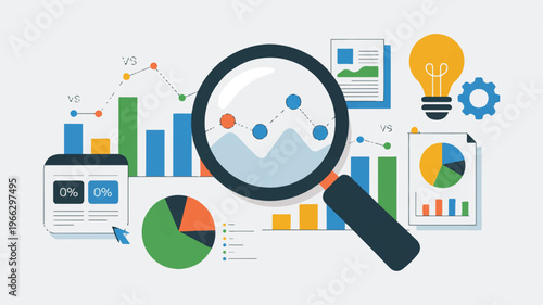 business analysis concept with magnifying glass and colorful charts and graphs on white background