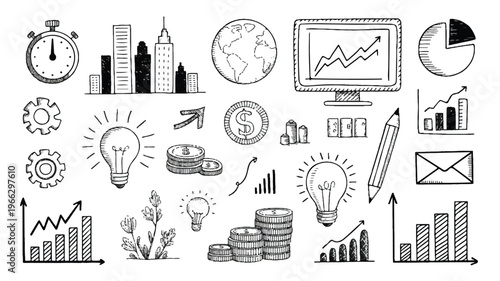 Business finance and growth concepts illustrated in a collection of line drawings
