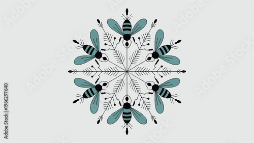 bee snowflake design with blue wings and black stripes on gray background