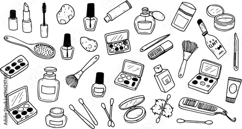 Hand-drawn doodle collection of various makeup and beauty essentials, including lipstick, mascara, perfume, brushes, eyeshadow palettes, nail polish, and skincare items, in black and white outline.