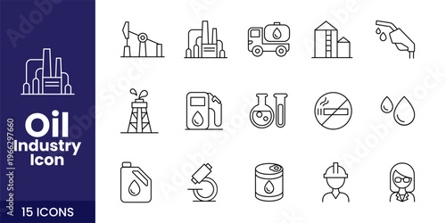 Oil and Gas Industry Icon Set with Fuel, Refinery, Pipeline, and Industrial Energy Vector Collection