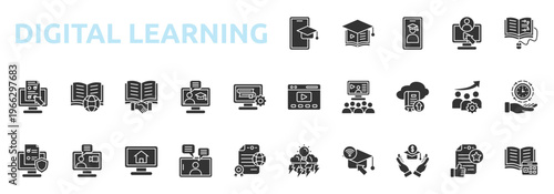 Digital Learning icon set glyph style with e learning, student, video tutorial, digital book, online test, global education, collaborative, online study icons
