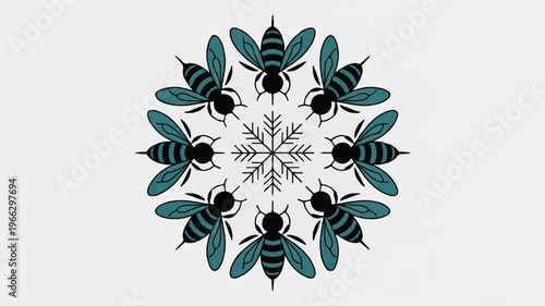 blue and black bees in a circle around a snowflake on gray background