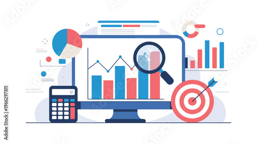 Business infographic with graphs and charts on computer screen and calculator