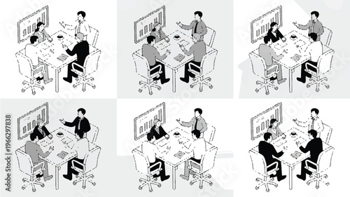 Business people discussing in office meeting with computer screen and charts