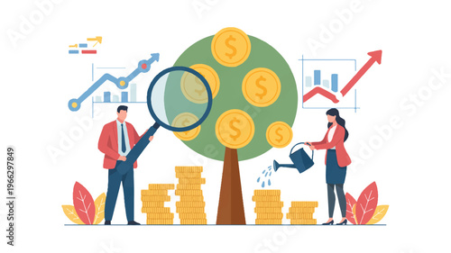 Business people growing money tree with coins and graphs