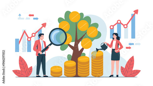 Business people growing a money tree with graphs and coins